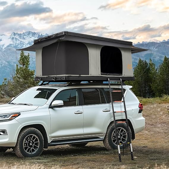 Sanhima Rooftop Tent Hard Shell - Jervis Loft Overland Aluminium ABS Roof Top Tent w/ 4 Sides Windows & AC Duct Hole for Car SUV Truck Camping, for 2-3 People