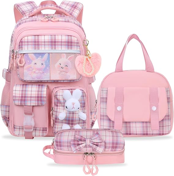 Kids School Backpack Set for Elementary Girls,Cute Rabbit Bookbag