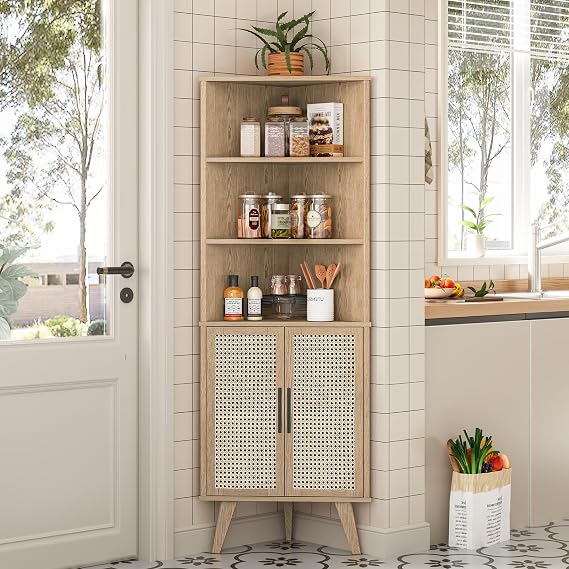Halitaa Corner Storage Cabinet, Free Standing Corner Storage Cabinet with Rattan Doors & Adjustable Shelves Modern Home Space Saver for Bathroom, Living Room, Kitchen