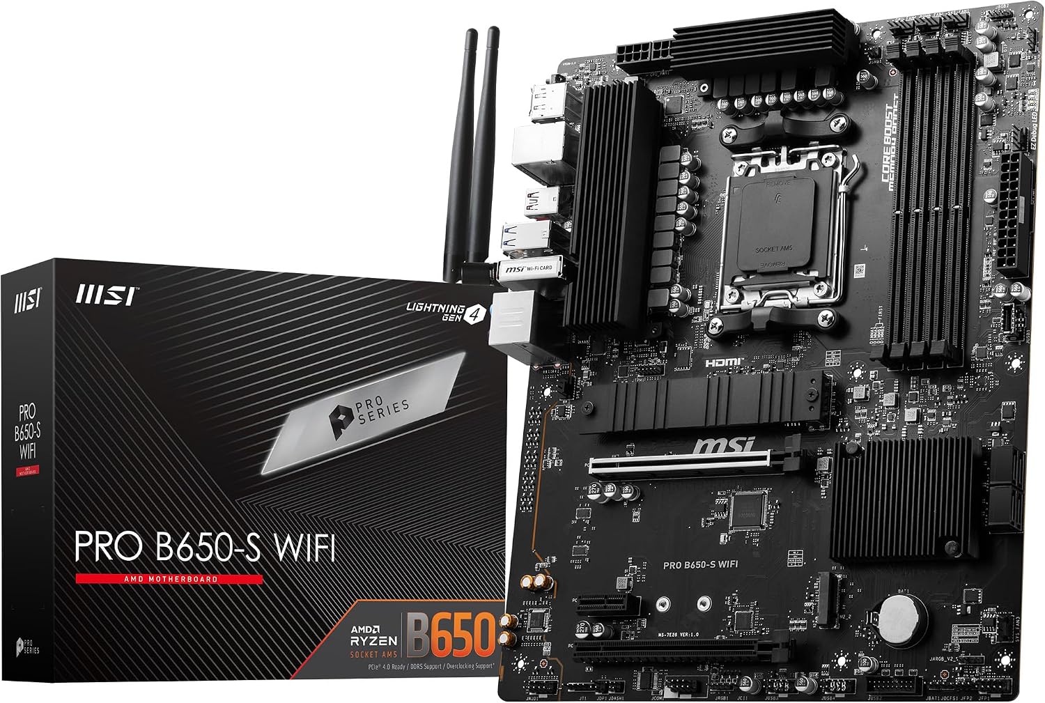 MSI PRO B650-S WIFI Motherboard, ATX - Supports AMD Ryzen 9000  8000  7000 Series Processors, AM5 - DDR5 Memory Boost 6000MHzOC, 2 x PCIe 4.0 x16, 2 x M.2 Gen4, Wi-Fi 6E