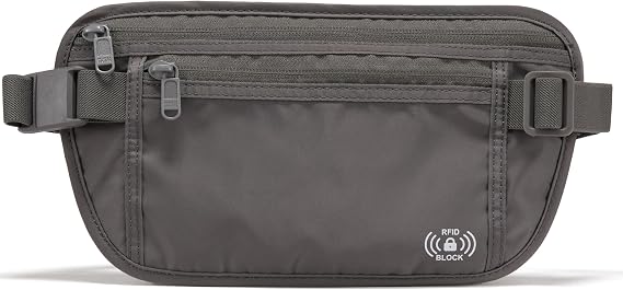 Pander RFID Blocking Travel Money Belt Hidden Waist Pouch for Passport, Cash, Cards, Slim Belt Bag for Men and Women, Dim Grey