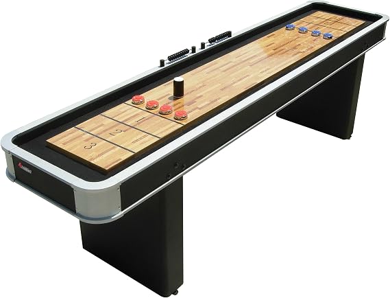 Atomic 9 LED Shuffleboard Tables with Poly-Coated Playing Surface for Smooth, Fast Puck Action and Pedestal Legs with Levelers for Optimum Stability and Level Play
