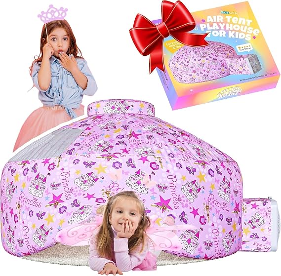 Skywin Inflatable Air Tent for Kids (77 x 50), Perfect for Social or Solo Imaginative Play, Blow Up Tent, Sets Up and Stores Away in Seconds, Toddler Playhouse (Fan NOT Included) (Pink Princess)