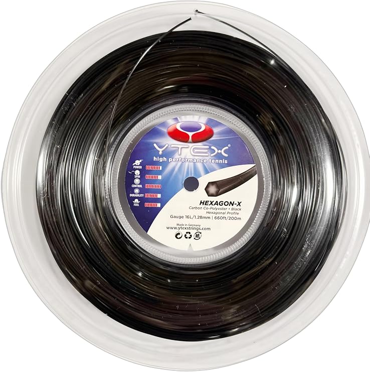 YTEX Hexagon-X Black Tennis Racquet String - Set and Reel (16g)