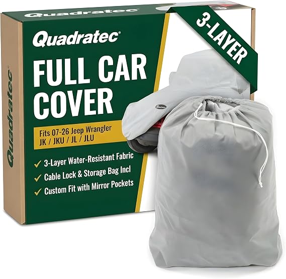 Quadratec Softbond 3-Layer Car Cover - Fits Jeep Wrangler JKU & JLU 2007-2023 - Jeep Cover Jeep Wrangler Cover Jeep Wrangler Rain Cover Jeep Rain Cover 4 Door - Includes Storage Bag - Quick-Dry Fabric