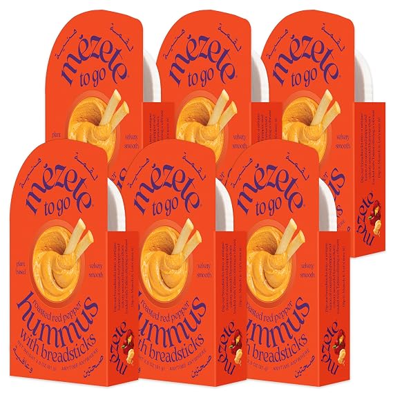 Mezete Roasted Red Pepper Hummus | Tahini Rich Chickpea Dip with Breadsticks | All Natural | On the Go | Plant Based | Preservative-Free | Shelf-Stable | Backpack Friendly | 81g (Pack of 6)