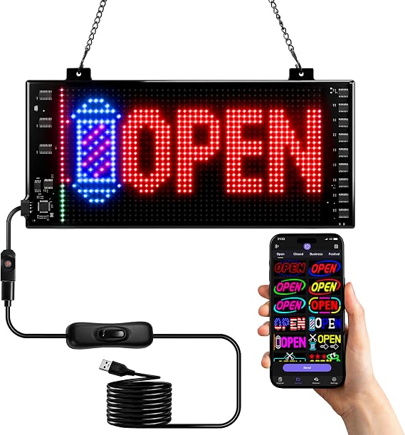 Open Sign for Business, 4.7"x10.6" Flexible LED Screen with Acrylic Backing | Bluetooth, APP Control, Custom Editor Animations