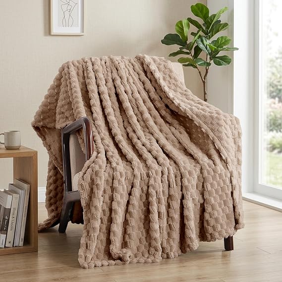 Fleece Fluffy Throw Blanket - Camel Single Bed Throw for Sofa, Soft & Cosy Blanket for Couch, Taupe 130x150cm