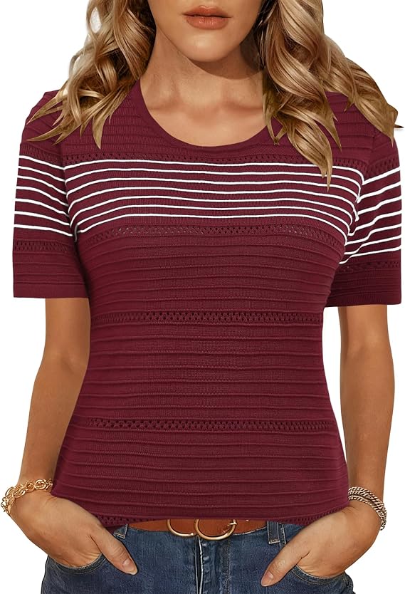LUYAA Short Sleeve Sweater for Women Spring Summer Crochet Tops Crewneck Ribbed Casual Lightweight Pullover Sweaters