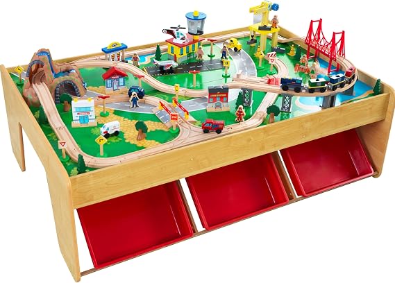 KidKraft Waterfall Mountain Wooden Train Set & Table; 120 Pieces, 3 Bins
