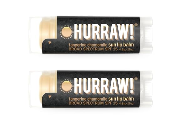 Hurraw! Sun Lip Balm (Zinc Oxide Protection, Broad Spectrum SPF 15, Tangerine, Chamomile), 2 Pack: Organic, Certified Vegan, Gluten Free. Non-GMO, All-Natural. Bee, Shea, Soy & Palm Free. Made in USA