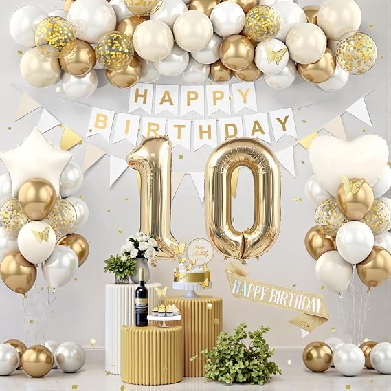 10th Birthday Decorations, White Gold Birthday Party Decorations for Girls Boys, Boho Beige Cream Balloons Party Supplies with Banner, Shiny Sash, Butterfly Cake Topper, 10 Number Foil Balloons