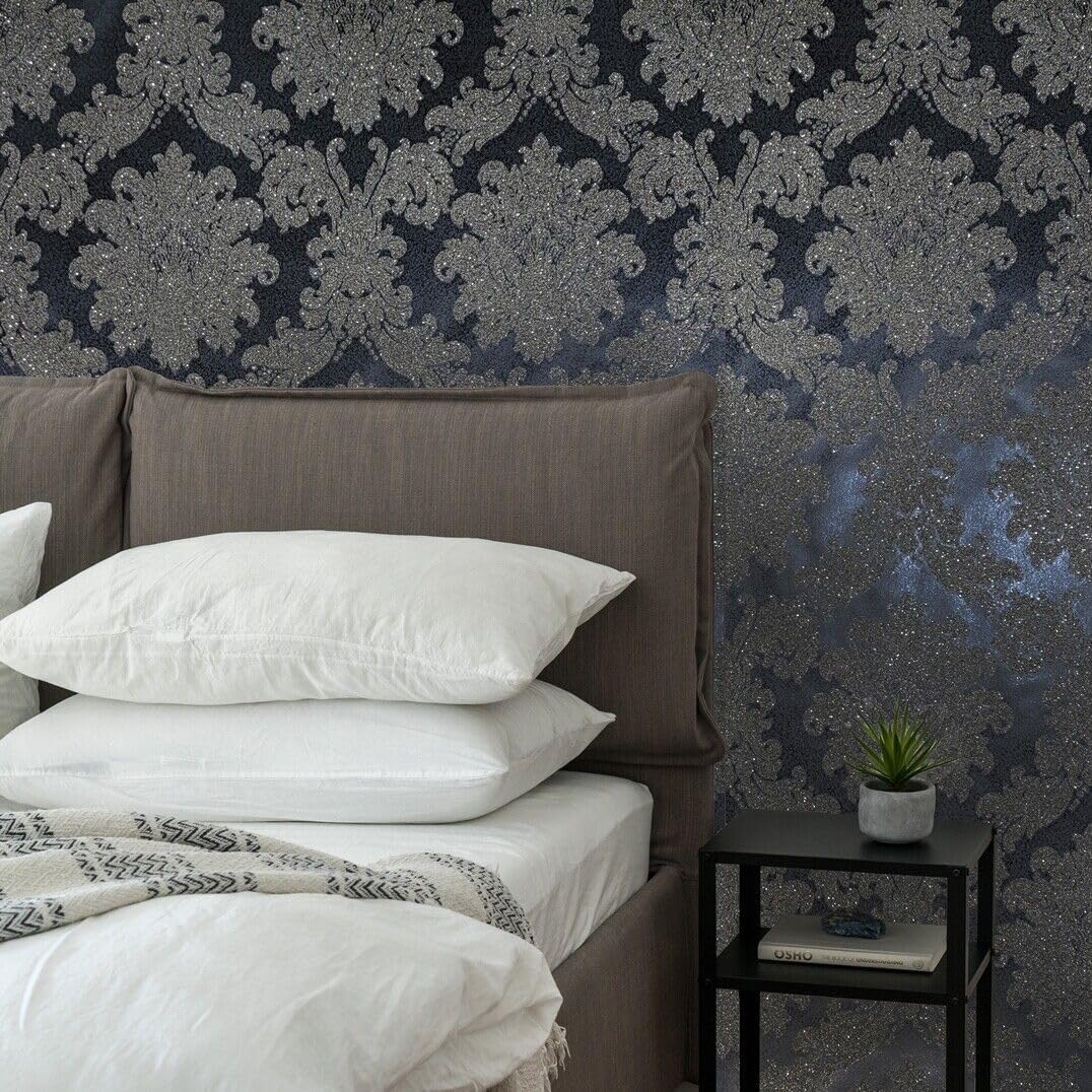 Wallpaper Natural mica Vermiculite Black Gray Glitter Victorian Damask Textured