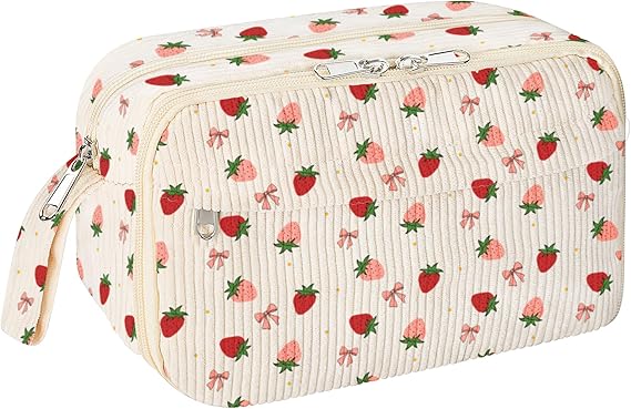 WOBAGMEN Cute Pencil Case,Large Corduroy Zippered Pencil Case Pouch, aesthetic Pencil Bag with Compartments, Pencil Pouch School Supplies (HY-corduroy pc-strawberry)