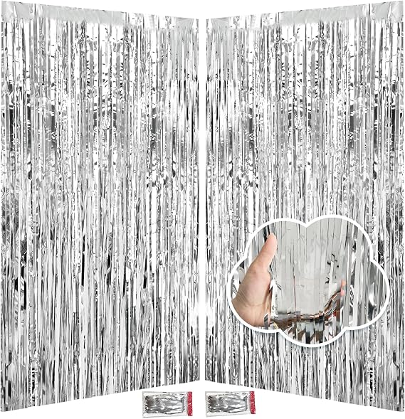 JINSUI Silver Tinsel Backdrop 3.3x8.2ft, 2 Pack Foil Fringe Curtains Decor