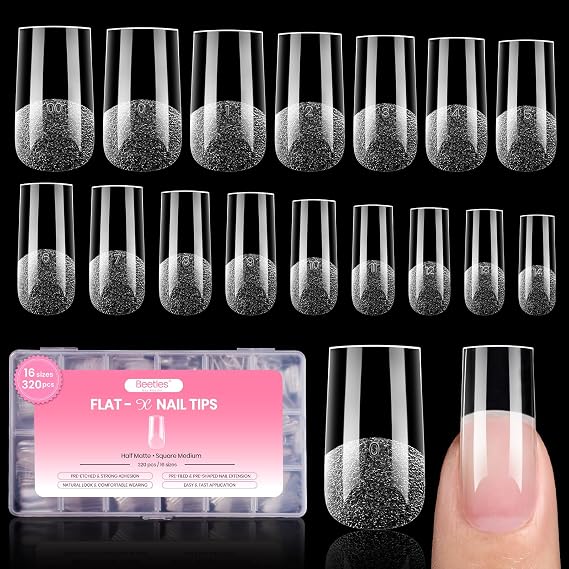 Beetles Gel Nail Tips Flat-X- Square Medium, 320pcs 16 Sizes(00-14) | Pre-Etched Half Matte Full Cover Soft Gel Tips, Press on False Nail Extension Acrylic Fake Nails, Easy DIY Salon Art