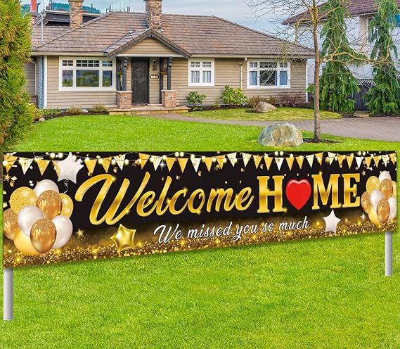 Welcome Home Banner Decoration Black Gold Welcome Back Home Family Yard Sign Party Supplies We Missed You So Much Military Homecoming Deployment Returning Party Decor for Indoor Outdoor