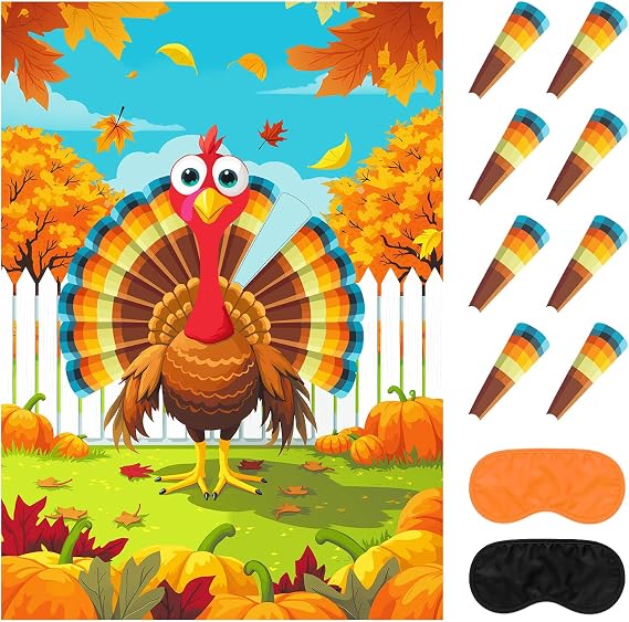 Thanksgiving Games - Pin The Feather on The Turkey Party Game, Thanksgiving Party Decorations Supplies Activities