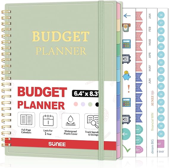 SUNEE Budget Planner - Monthly Budget Book with Expense Tracker Notebook, Undated 12 Month Bill Organizer & Finance Planner to Manage Your Money, A56.4 x 8.3 Account Book with Colorful Tab, Green