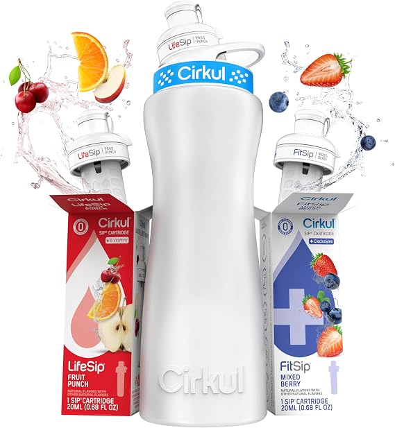 Cirkul 22oz. White Stainless Steel Water Bottle Starter Kit with Blue Lid, 2 Flavor Cartridges (1 LifeSip Fruit Punch and 1 FitSip Mixed Berry) Zero Calories and No Sugar