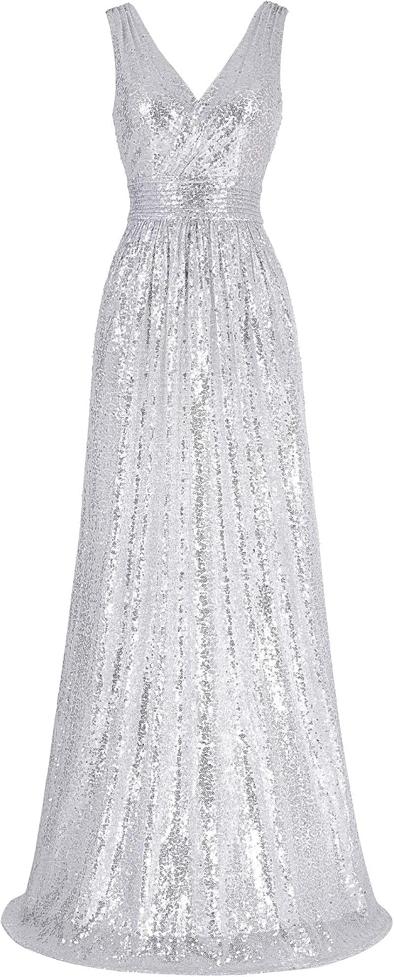 Kate Kasin Sexy Floor Length Sequins Dress Evening Formal Ball Gown Silver Size 4 KK199