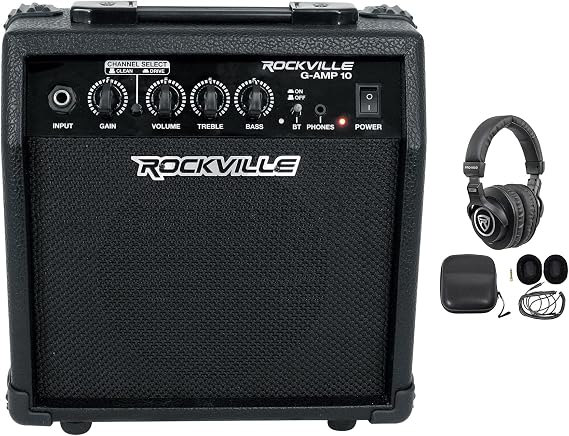 Rockville G-AMP 10 10W 6" Bluetooth Guitar Amp with PRO-M50 Headphones | Bluetooth, 1/4" Guitar Input, 3.5mm Headphone Output, Clean/Drive Channels, Bass/Treble Controls, 40mm Headphones, 2-Items