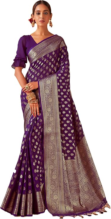 Vardha Saree for Women Faux Georgette Banarasi Art Silk Woven Saree | Indian Diwali Wedding Gift Sari & Unstitched Blouse