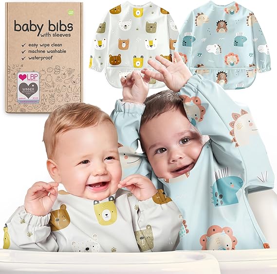 Baby Bibs with Sleeves for 6-24 Months - Easy Wipe Clean, Machine Washable Baby Weaning Bib with Sleeves, Waterproof Long Sleeve Bibs, Non Silicone and Coverall Bib