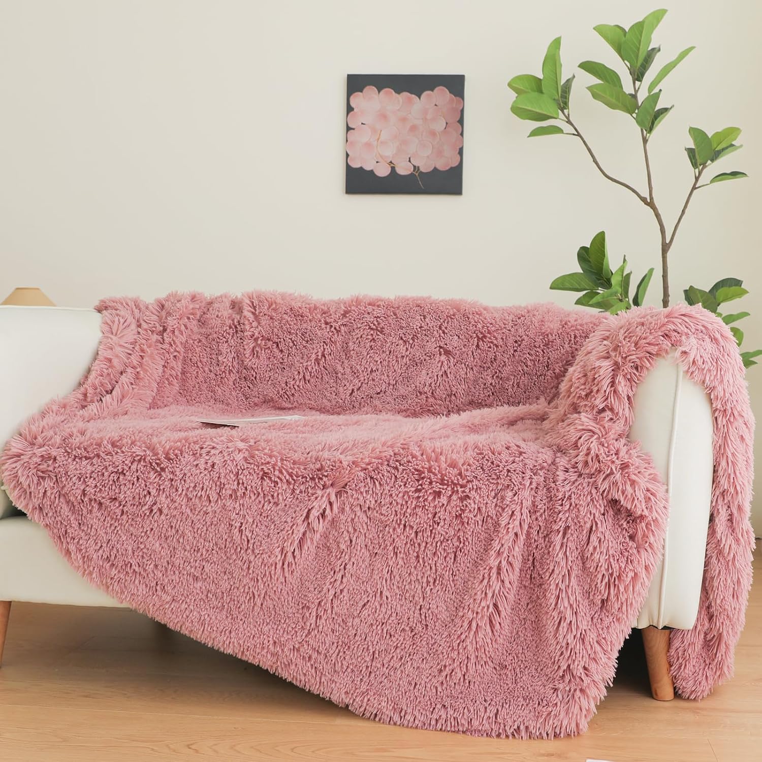 Dusty Rose Faux Fur Throw Blanket, Dusty Rose 66 x 80 Fluffy Blanket Throw, Shaggy Plush Decorative Couch Blanket, Cute Furry Throw Holidy Fuzzy Lap Blanket for Kids Women Men Teen Girls