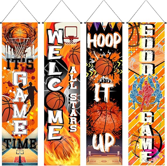 Breling 4 Pack Basketball Field Backdrop Banner Decorations with Welcome 47.24" x 11.81" Large Basketball Background for Sport Themed Birthday Party Decorations Wall Door Sign Decor