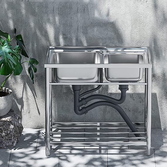 Utility Sink,Double Bowl Kitchen Sinks,Laundry Sink with Cabinet,Outdoor Sink,Stainless Steel Sink,Movable Utility Sink Laundry Tub,for Garage,Restaurant,Kitchen,Laundry Room