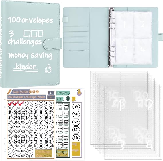 Ndsox 100 Envelopes Money Saving Challenge Binder, A5 Budget Binder with Cash Envelopes, Savings Challenges Book to Save $500, $5,050, $10,000 Budget Planner for Budgeting Saving Money, Mint Blue