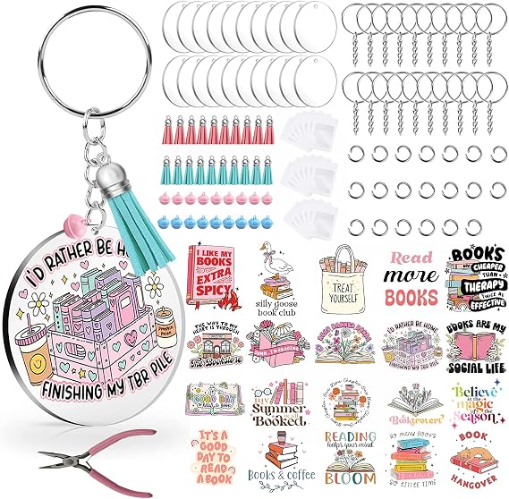 Qrhky Acrylic Keychain Blanks Kit, 141PCS Keychain Making Kit with Book Lover UV DTF Stickers, Key Rings, Pair of Pliers, Bells, Vinyl DIY Key Chain Set for Crafts & Gifts