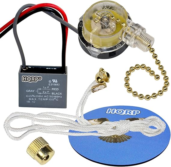 HQRP Kit Ceiling Fan Capacitor CBB61 1uf+2uf 3-Wire UL Listed and 3-Speed Fan Switch