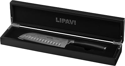 LIPAVI - Damascus Steel Santoku Knife 7 Inch - Wooden Gift Box - Japanese VG10 Steel and Extremely Durable G10 handle