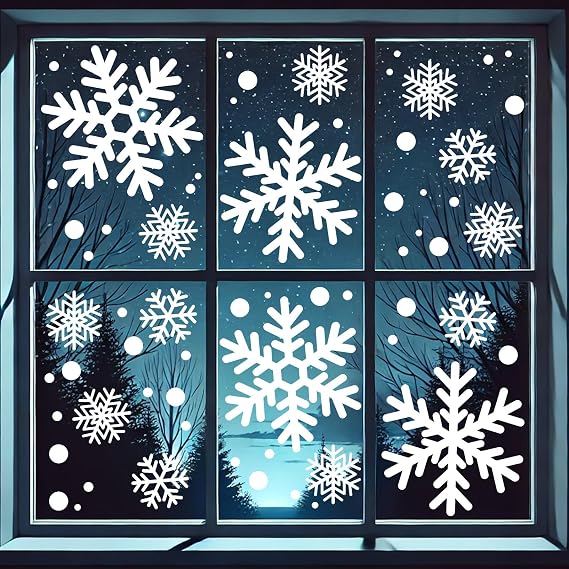 Sunboom 415 PCS Large Snowflake Window Clings White Extra Large Snowflakes Decals for Window, 10 Sheets Reusable Christmas Snowflake Decals for Glass Windows