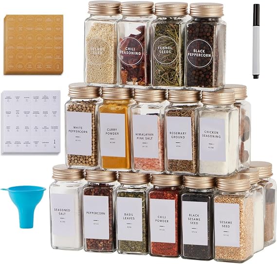 25 Pcs Spice Jars with Label- Glass Spice Jars with Gold Metal Caps | Shaker Lids, Funnel, Chalk Pen, Skiileor 4oz Seasoning Containers Bottles for Spice Rack, Cabinet, Drawer