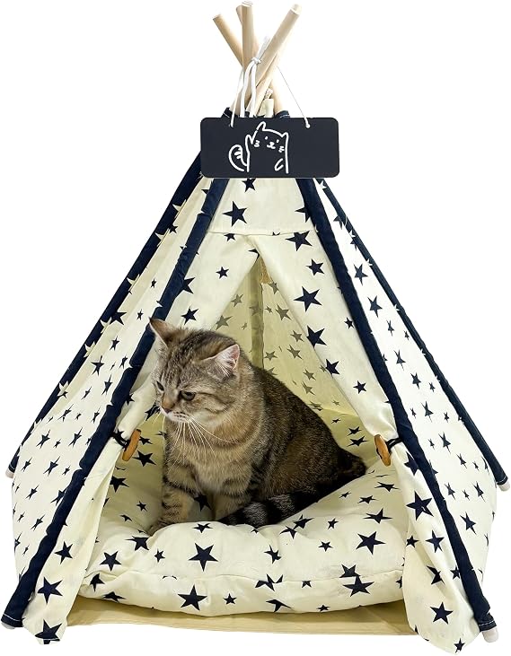 Pet Tent/Tipi for Cats & Dogs - Washable Canvas, Foldable Pet Teepee with Anti-Slip Base & Detachable Cushion | Indoor/Outdoor Safe Shelter for Pets Up to 66lbs-Beige-M
