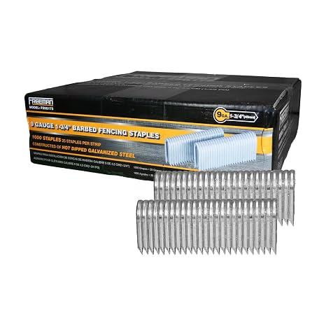 Freeman 9-Gauge Fencing Staples | 1-3/4" | Glue Collated | Galvanized Steel | 1000 Count | Indoor and Outdoor | Livestock Fences, Deer Prevention, Chain Link Fencing, and Farming | FS9G175