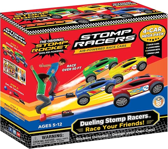 Stomp Racers Air Powered Race Cars by Stomp Rocket, 4 Car Mega Pack - Dueling Stomp Racers Toy Car Launcher - Fun Backyard Outdoor & Indoor Multi-Player Kids Toys Gifts for Boys, Girls & Toddlers