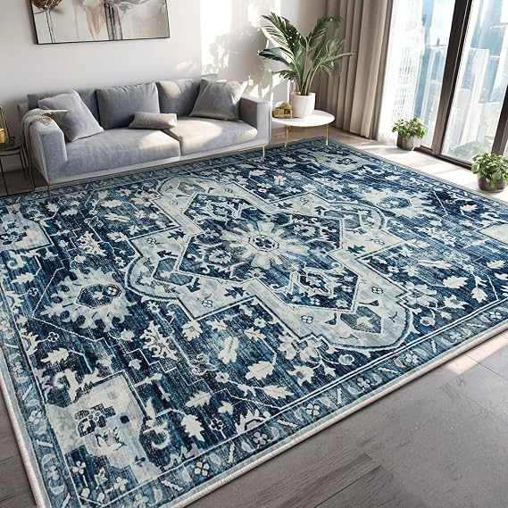 MOONLIGHT20015 Washable Rugs Living Room Large 200x290 cm - Fluffy Vintage Area Rugs for Bedroom - Non Slip Low Pile Soft Boho Rug Carpets for Lounge - Traditional Rug for Dining Room, Tranquil