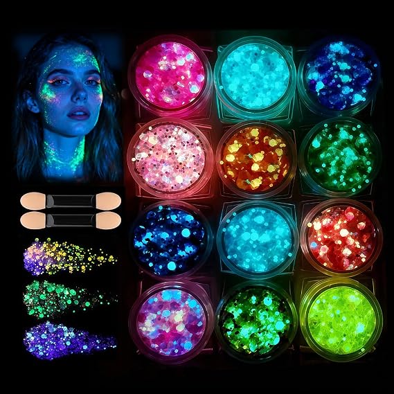 12 Colors Glow in The Dark Glitter Gel | Makeup Chunky Fine Glitter for Women, UV Black Light Body/Face/Hair/Eyeshadow for Halloween Makeup Raves Festivals
