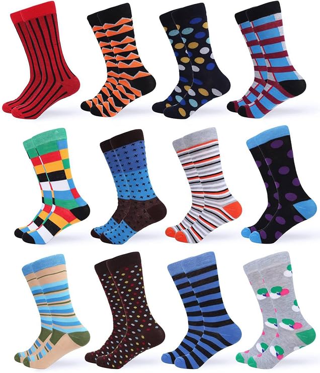 Men's Fun Dress Socks - Funky Colourful Socks for Men - Pack of 12