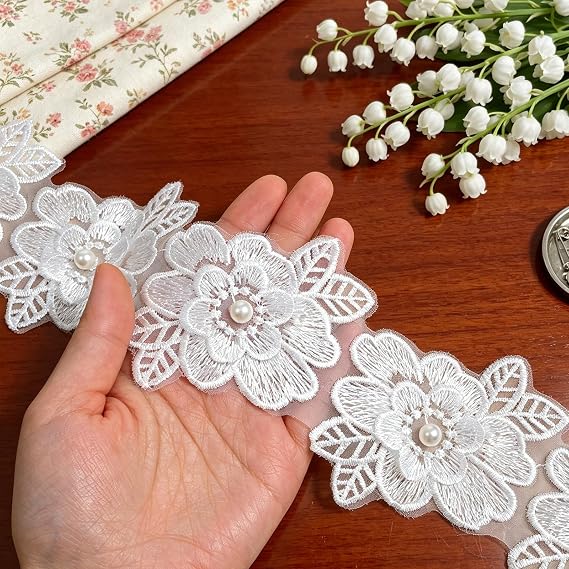 3D Flower White lace Trim, 2 Yards Floral Applique Pearl Embroidered Sewing Lace Ribbon Fabric for Sewing DIY Crafts Decoration Wedding Dress Handmade, 3.2" x 2yd