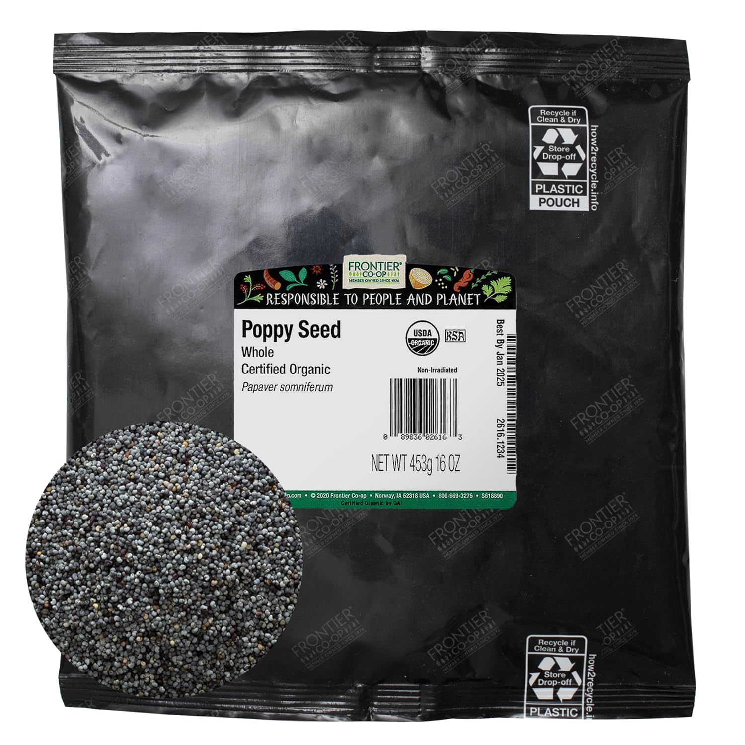 Frontier Co-op Organic Whole Poppy Seed 1lb - Bulk Bag of Poppy Seeds for Baking, Salad Dressing, Cooking, Kosher Recipes and More