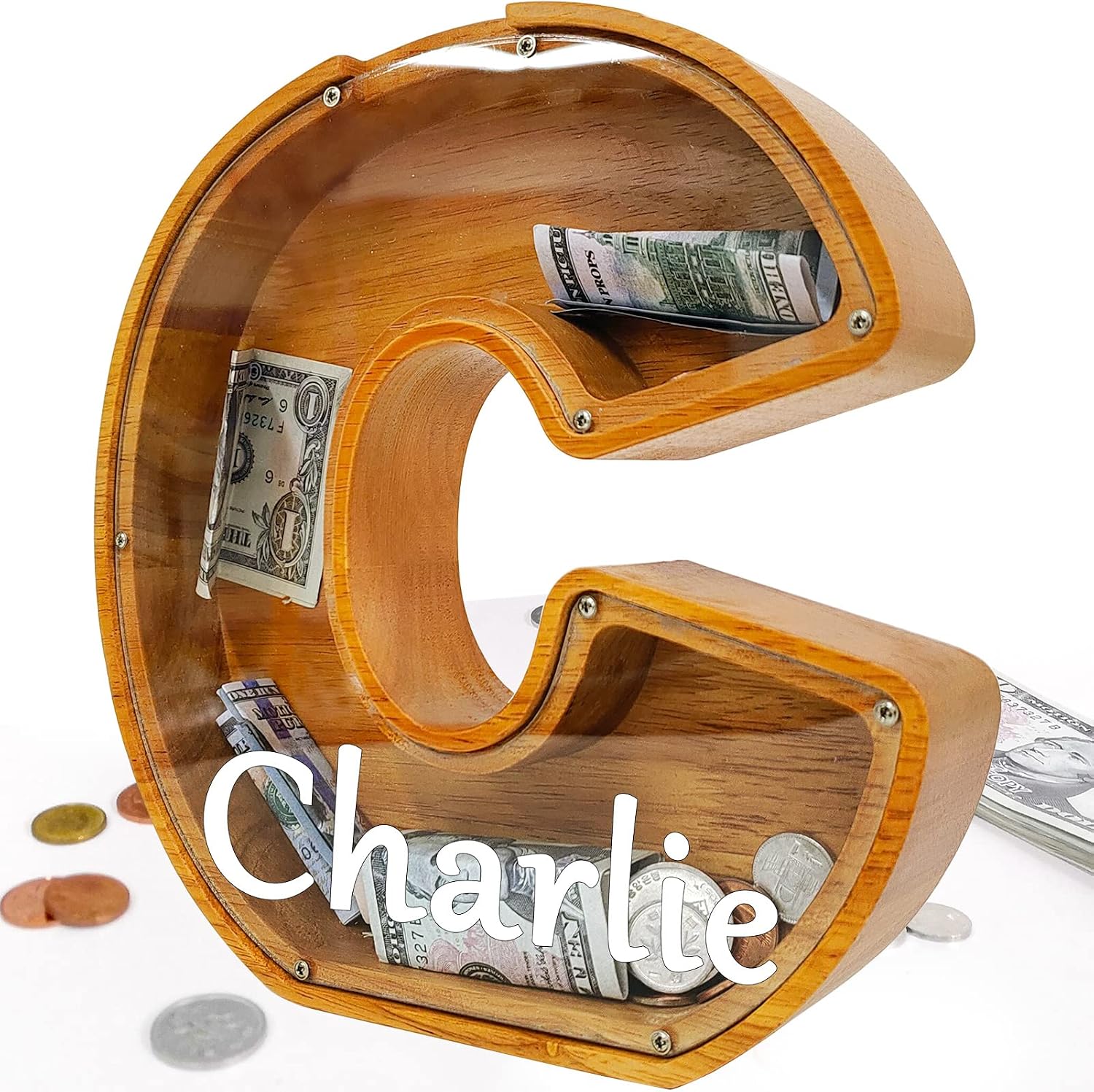 Custom Wooden Piggy Bank, Laser Engraved Name Personalized Creative Twenty-Six English Alphabet Storage Tank, Coin Bank Customized Wood Toy DIY Name Letter Kids Money Bank C