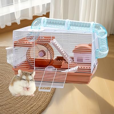 Spacious Hamster cage Guinea Pig Cage & Rabbit Cage Pet CageHamster Cage Hamster House,Rat CageHamster Home Small Animal CageStarter Kit Habitat forPet Gerbils, Fun & Interactive CageCaramel orange 2