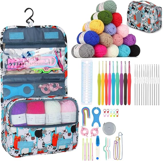 Aeelike 69pcs Crochet Kits for Beginners with Bag, Blue Cat