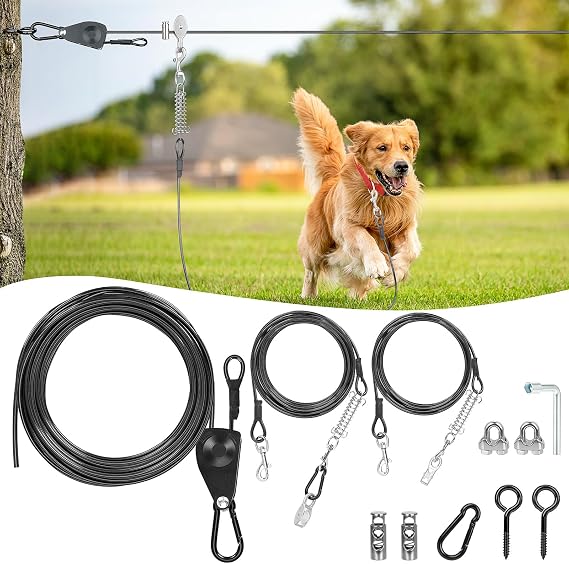 Dog Runner for Yard, 100FT Overhead Dog Zip Line Trolley System, with 10FT & 16FT Heavy Duty Tie Out Cables for 2 Dogs, Self-Locking Tensioner for Easy Setup, for Yard & Camping