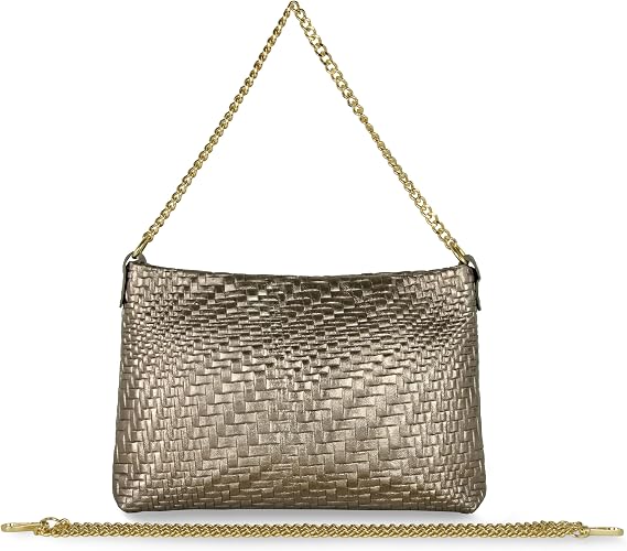 Italian Genuine Metallic Suede Crossbody Bag for Women with Zipper & Chain | Small Woven Shoulder Purse Handbag (Bronze)